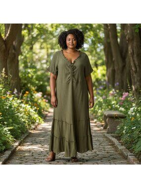 Ellos Womens Dress Size 18/20 Gauze Maxi Green Short Sleeve V-Neck Smocked